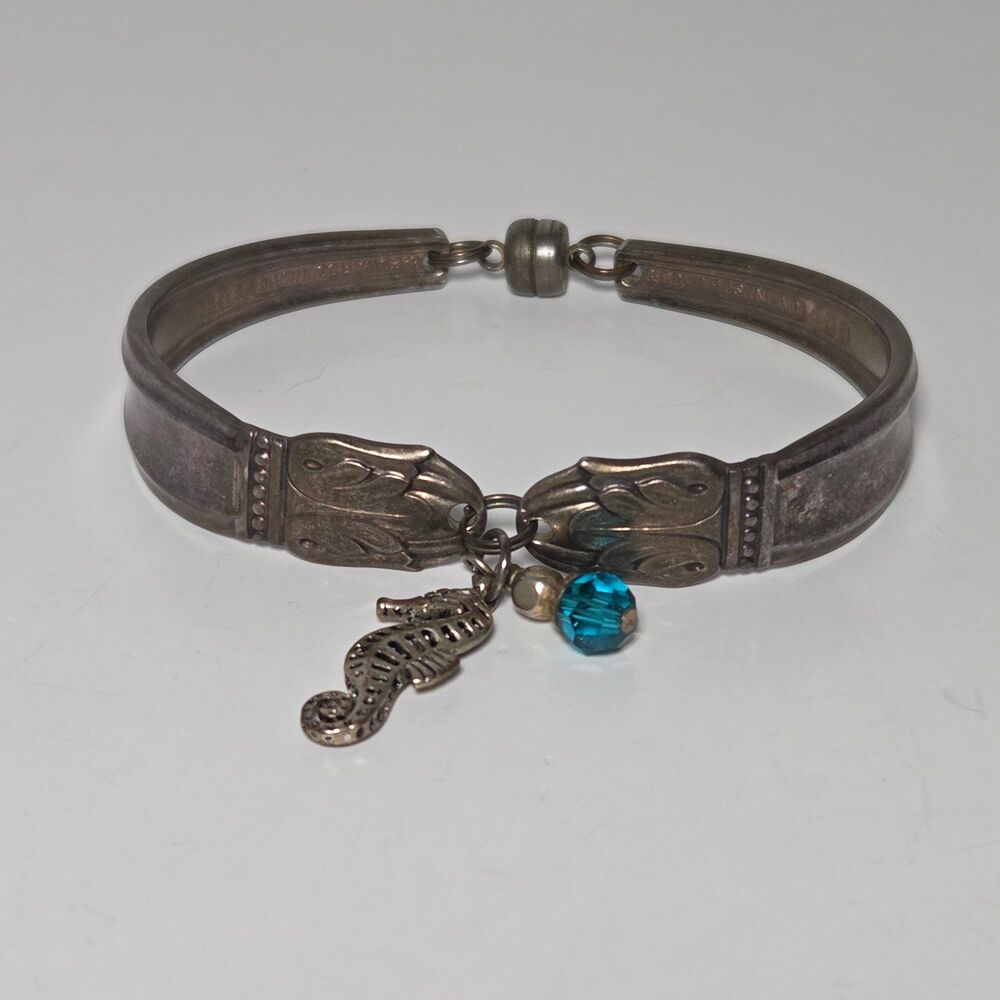 Vintage Handmade Silver Plate Spoon Bracelet Boho Seahorse Charm Teal Bead 6.5"